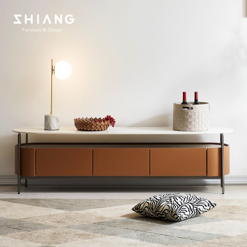 Italian style modern minimalist saddle leather TV cabinet marble face small family type living room containing cabinet for domestic storage cabinet