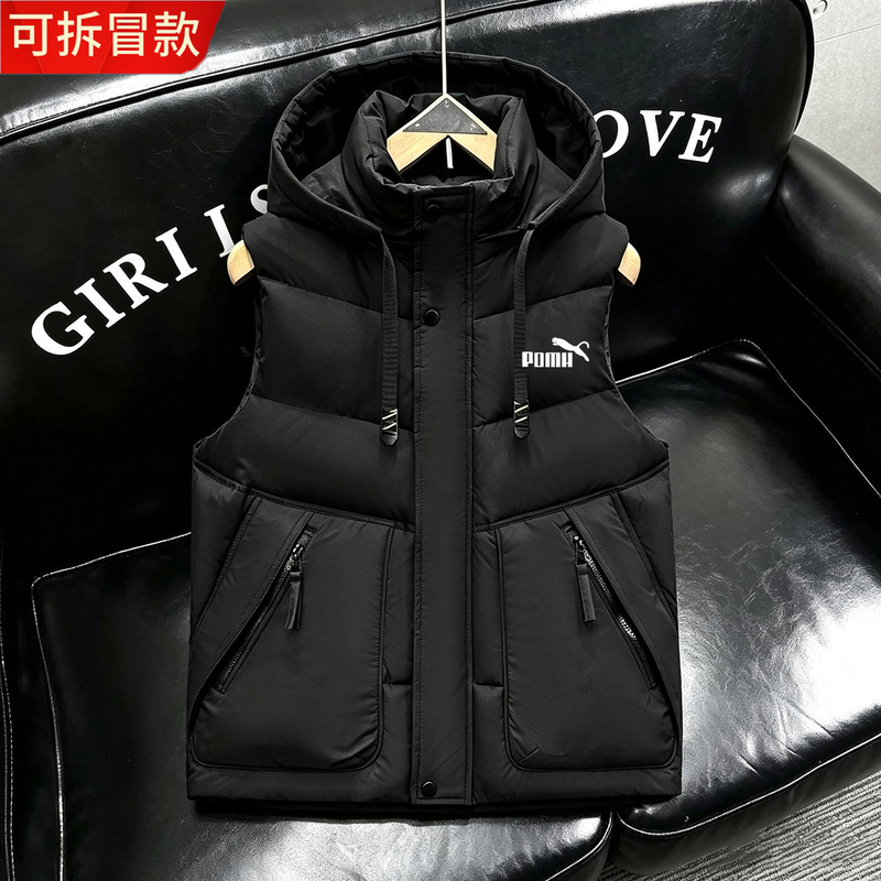 Men's down Cotton Vest with Hood, Stylish and Trendy for Autumn and Winter, Warm Sleeveless Sports Jacket