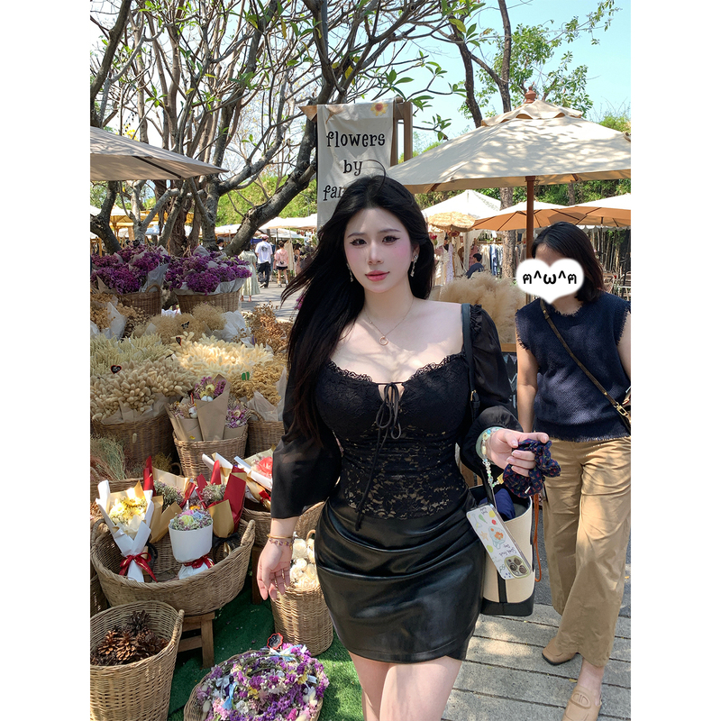 Babes【Black Rose】Plus-Size French-Style Sexy Lace Patchwork Tie-Up Lantern Sleeve Waist-Cinching Slimming Top for Women