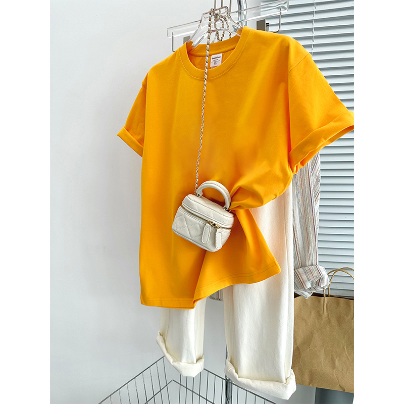 Ginger-Colored Short-Sleeved T-Shirt for Women, Summer 2026 New Korean Style, Loose and Versatile, Solid Color, Round Neck, Pure Cotton Half-Sleeve Top