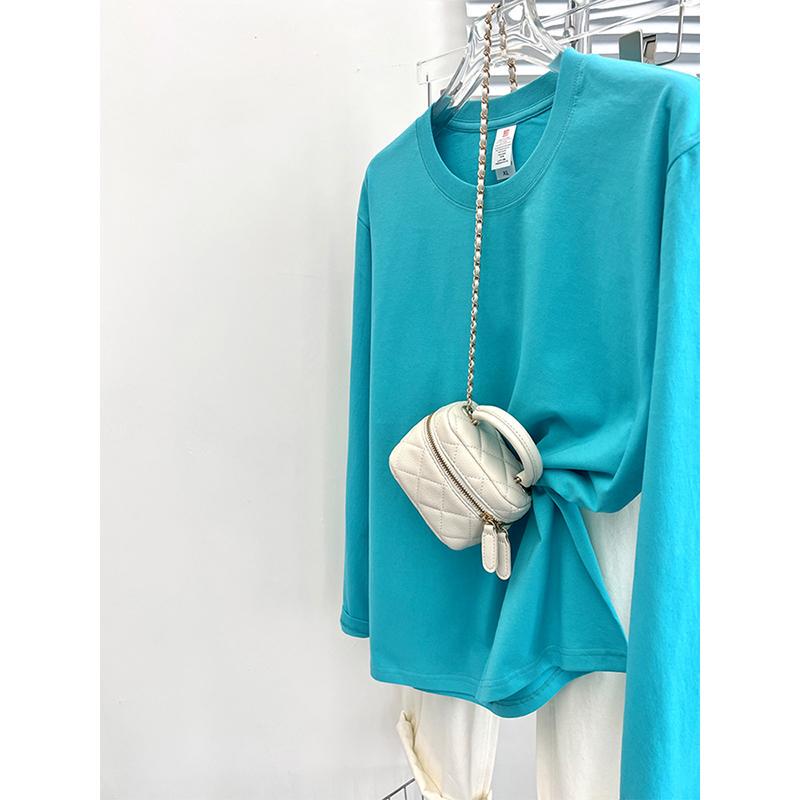 Pure Cotton Base Shirt, Aqua Blue Solid Color Long-Sleeve T-Shirt for Women, 2026 New Style, Simple and Lazy Style, Loose and Comfortable Top