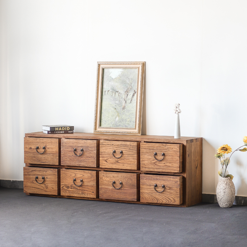 Old Elm Wood Eight Bucket Cabinet Minimalist Storage Containing Cabinet Retro Dining Cabinet TV Cabinet Modern Solid Wood Floor Lockers Custom