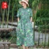 Mùa hè cotton và vải lanh phong cách dân tộc khóa đĩa hoa váy ngắn tay của phụ nữ Trung Quốc phong cách Trung Quốc lỏng lẻo cổ áo đứng lên eo váy dài giữa - Váy dài