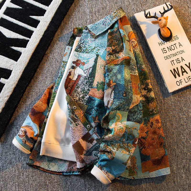 Hpcp Van Gogh Abstract Art Long Sleeve Shirt for Men, Autumn ins Trendy Brand, Loose Fit, High-End Feel, Cool and Stylish Shirt
