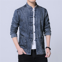 Mens denim jacket Youth stand-up collar slim denim coat top Chinese style retro buckle Tang suit Mens tunic