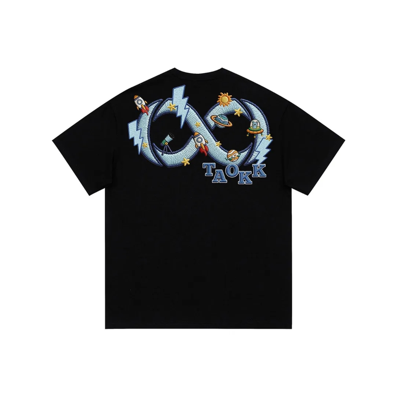 Loox Gz American Retro High Street Style Infinite Loop Rocket Lightning Letter Print Design Loose Short-Sleeved T-Shirt