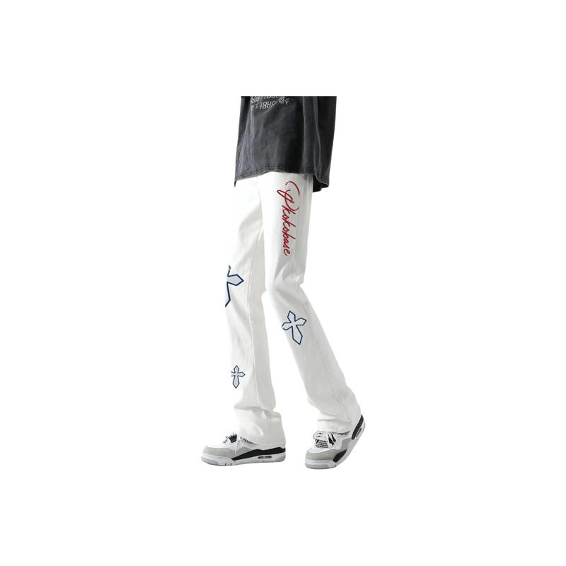 Koko Base American Micro-Flare Retro High Street Imitation Embroidered Cross Letter Print Vibe Summer Jeans
