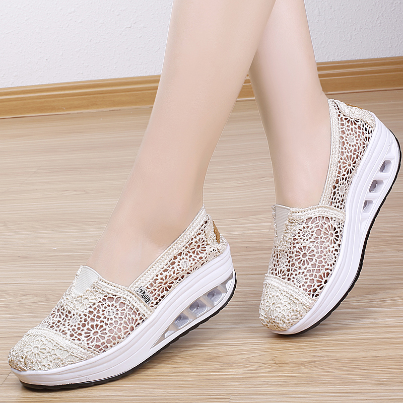Shaking shoes women's breathable thick-soled casual women's shoes 2021 summer sky hollow mesh shoes slip-on cloth shoes platform shoes