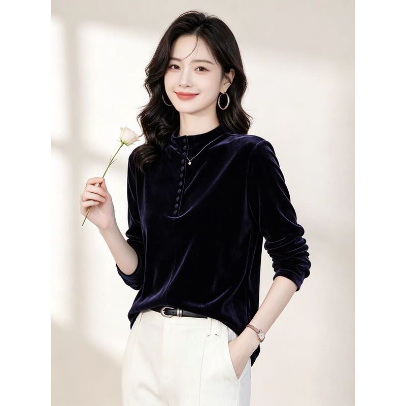 Hangzhou High-End Brand Silk Shirt for Women, Long-Sleeve, Half-High Collar, Slim Fit, New Autumn Velvet Base Shirt