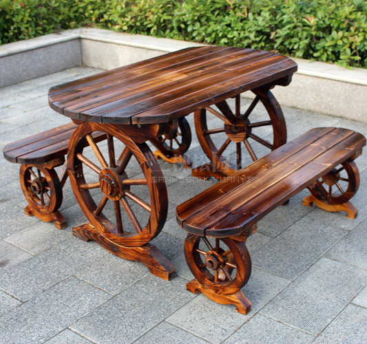 Carbonized Solid Wood Wheel Table and Chairs, Outdoor Garden Wooden Table and Stool, Balcony Outdoor Courtyard Leisure Single Oval Stool Table