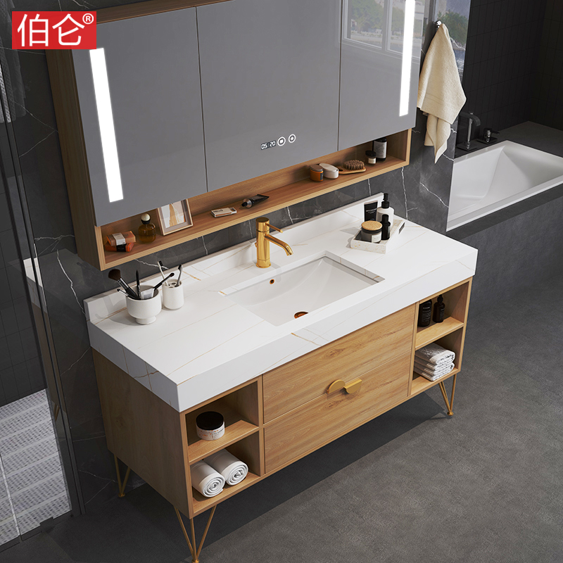 Burun Nordic Rock Board Bath Cabinet Wash Face Wash Basin Cabinet Combined Makeup Room Wash Terrace Intelligent Mirror Cabinet With Storage