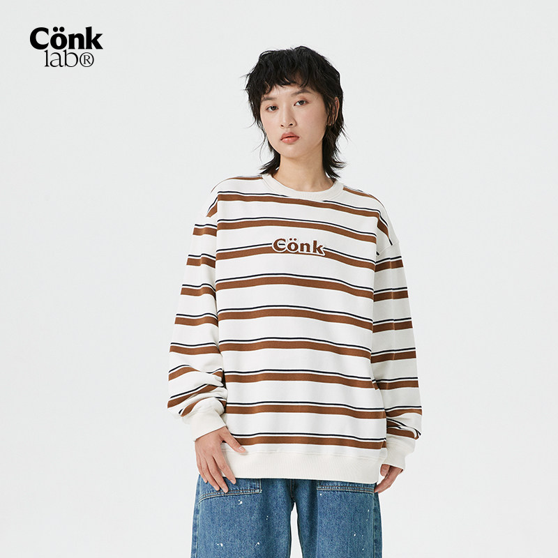 CONKLAB撞色條紋圓領CONK字母厚棉T男潮牌情侶T恤春秋季寬鬆打底衫