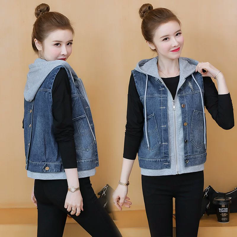 Áo khoác denim nữ có mũ trùm đầu mùa xuân năm 2021 phiên bản Hàn Quốc áo khoác vest không tay ngắn ngắn rộng rãi - Áo vest