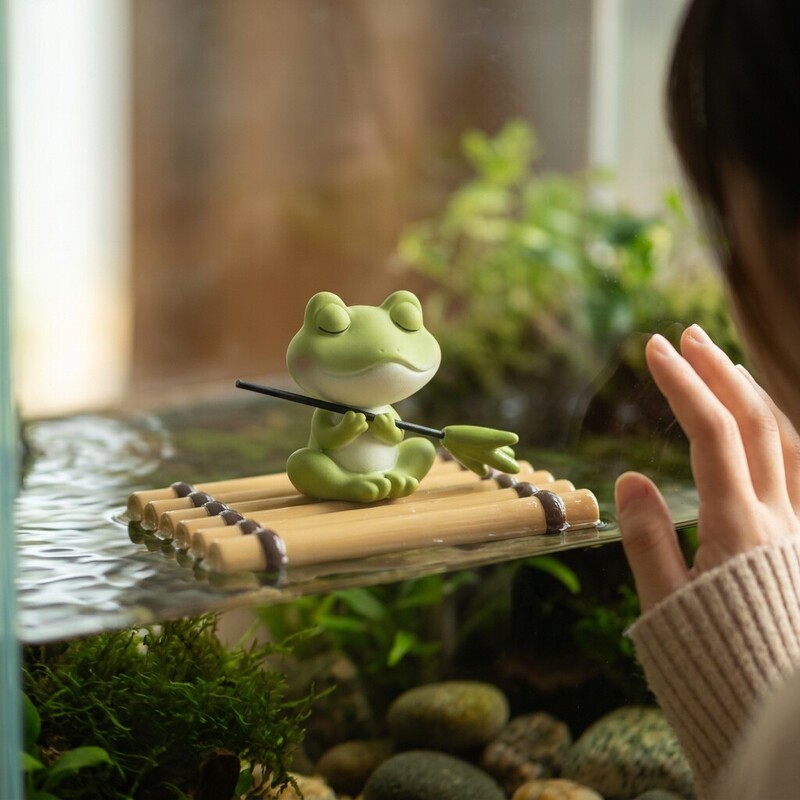 Cute Bamboo Raft Little Frog Traditional Fish Tank Landscaping Floating Ornament Turtle Tank Aquarium Micro Landscape Decoration Tea Room