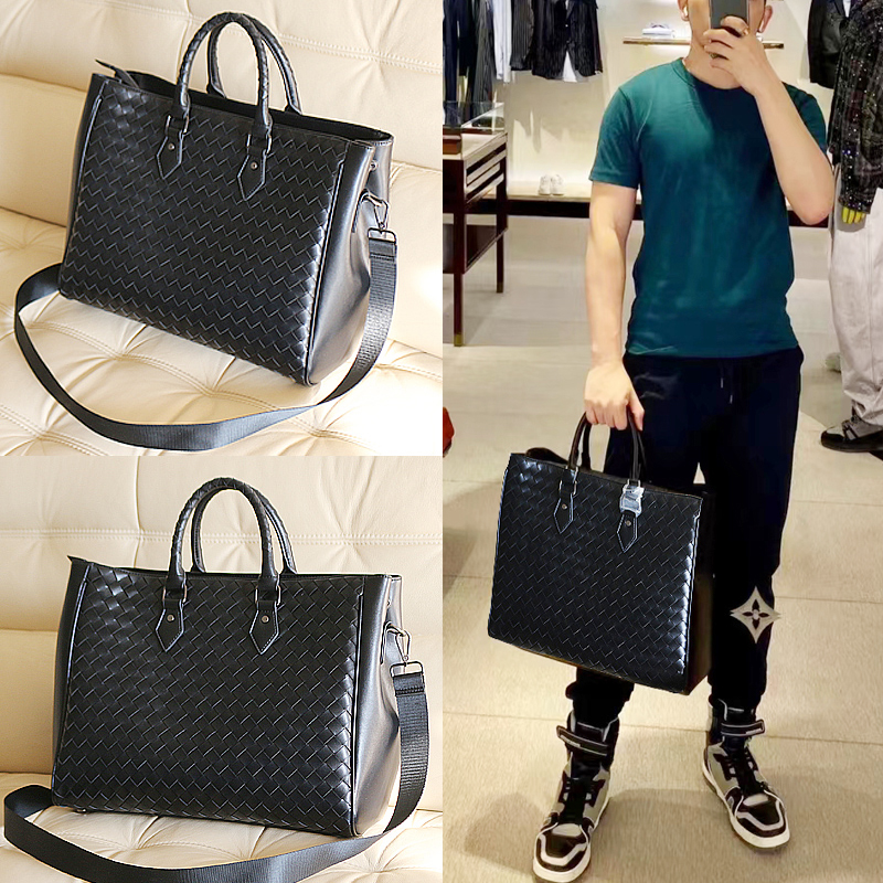 New high-end genuine leather woven men's bag large capacity Totbag men's hand carrying shopping bag fitness travel bag-Taobao