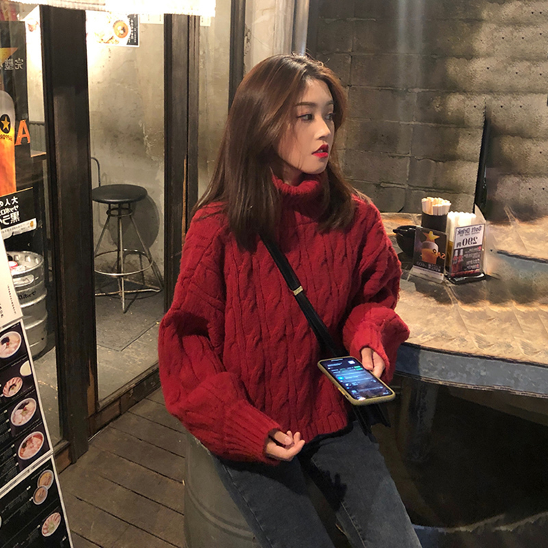 Burgundy Turtleneck Sweater for Women, New Autumn and Winter Style, Loose and Lazy Style, Thickened Solid Color Cable Knit Short Top, Trendy