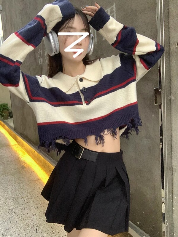 American Retro Polo Collar Striped Sweater for Women, Short Style, Early Autumn College Style Knit Base Shirt Top