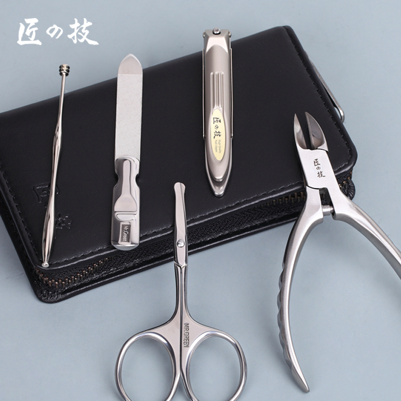 匠の技男士修剪指甲刀套装 指甲剪指甲钳修脚趾甲工具5件装牛皮