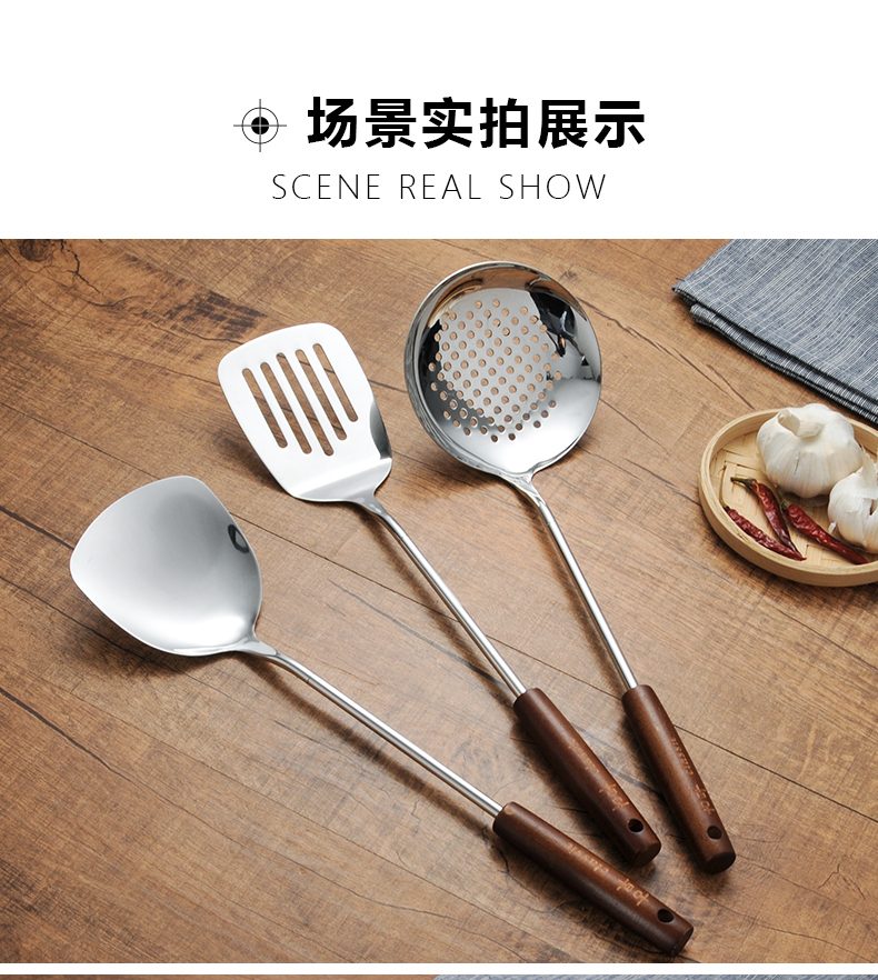 Hộ gia đình tay cầm bằng gỗ thìa thép không gỉ chao bếp chống bỏng dày nấu ăn xẻng sắt đơn chiên xẻng nhà bếp bộ kệ để dao