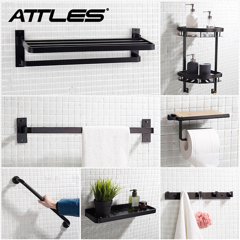 Bathroom towel rack black punch-free bath towel holder toilet rack bathroom space aluminum hardware pendant set