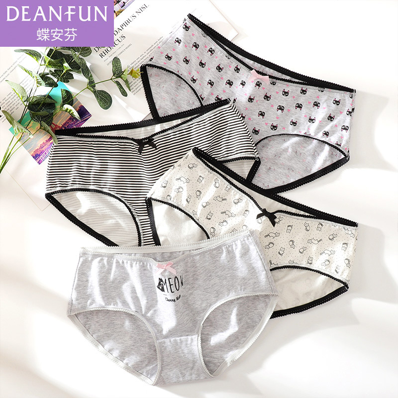 Butterfly Anfen underwear women's underwear mid-waist flat angle pure summer cotton printing cute kitten simple sexy 4