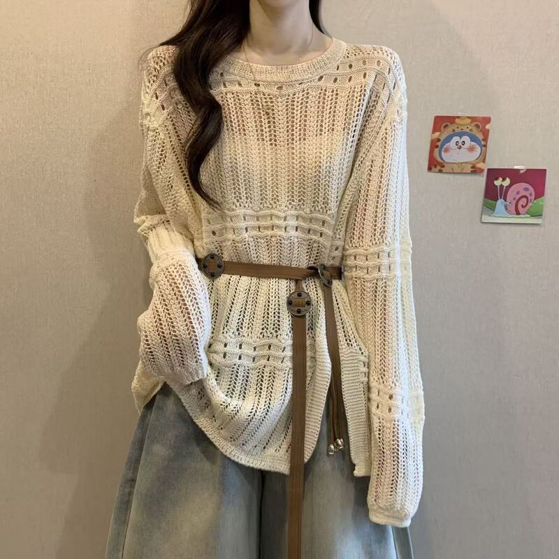 Hollow-Out Knitted Cardigan Sweater for Women, 2026 Spring and Summer New Style, Lazy Style, Slimming, Versatile, Tie-Waist Top