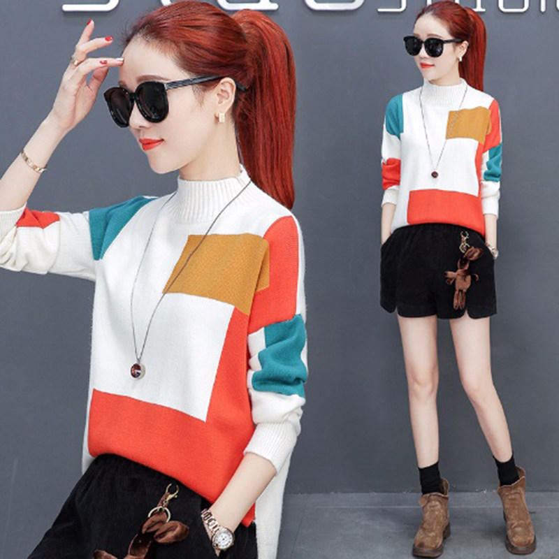 Knitwear women's sleeve head short Han version loose lady hit bottom 2022 autumn and winter new collage half-high-neck sweater