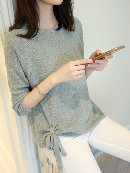 2026 Autumn and Winter Women's Lace-Up Sweater Long Sleeve Pullover Loose Knitwear Short Base Shirt Jacket Top Spring Wear