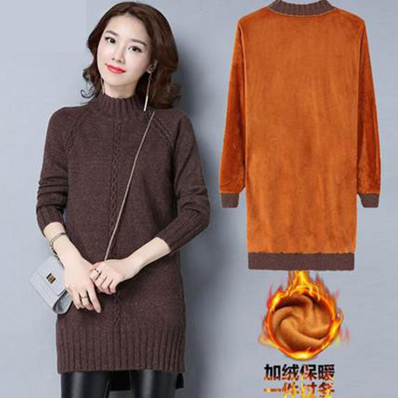 Plus velvet thick sweater women's 2022 autumn and winter new casual mid-length version warm semi-high round neck casual knitwear trend