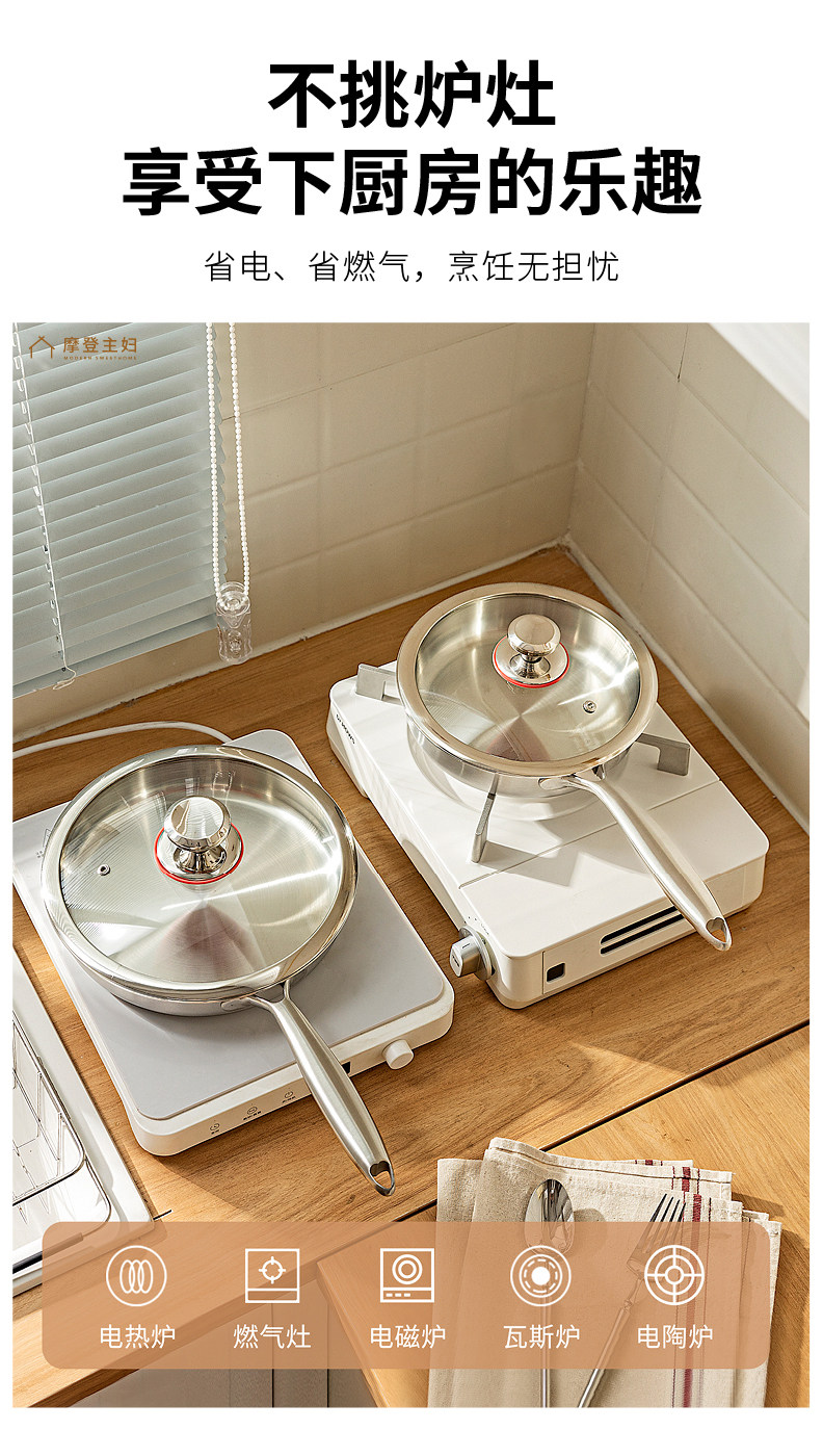 摩登主妇 сковорода из нержавеющей стали 316 без покрытия плоскодонная сковорода-вок антипригарная для дома индукционная для жарки стейков