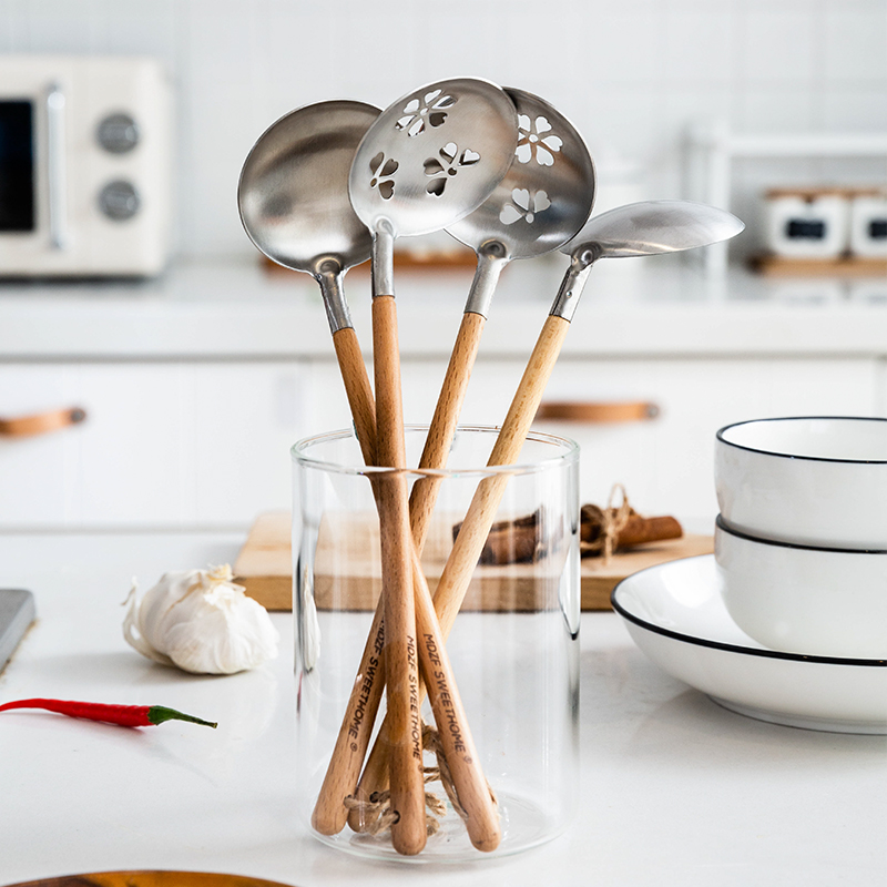 Modern Housewife Soup Spoon Home Stainless Steel Spoon Kitchen Special Colander Stir-fry Soup Large Long Handle Wooden Spoon