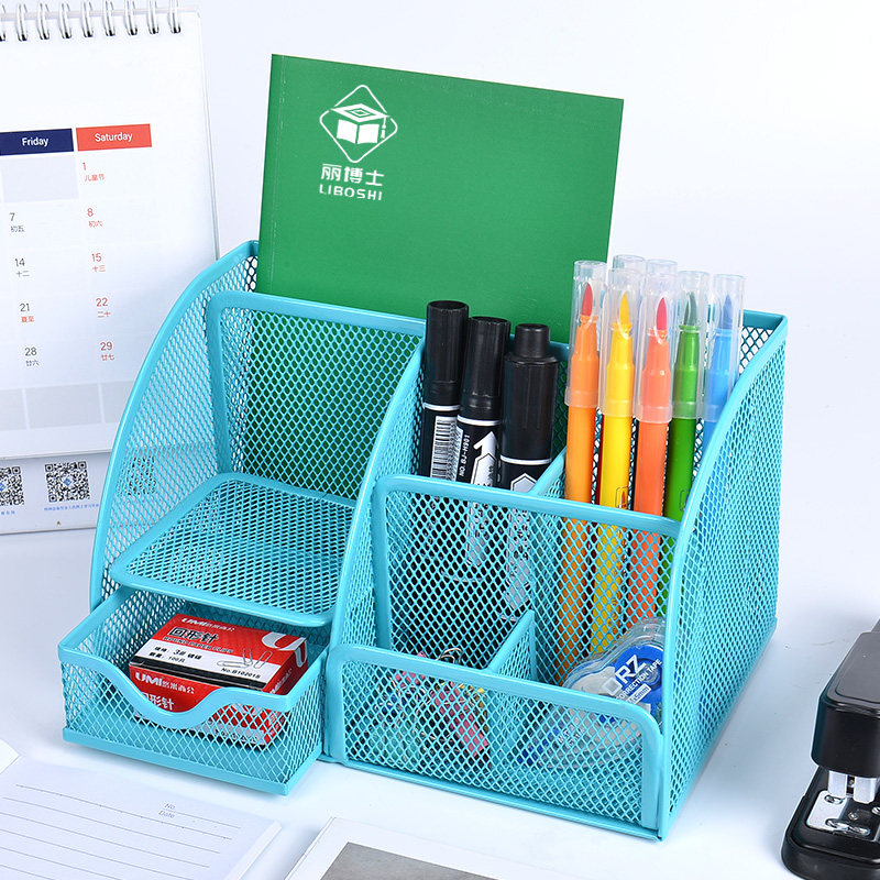 Pen holder Creative fashion storage box Desktop simple ornaments Office supplies Pen barrel stationery remote control Multi-function student combination Large capacity pen holder Small fresh finishing box Metal grid iron art