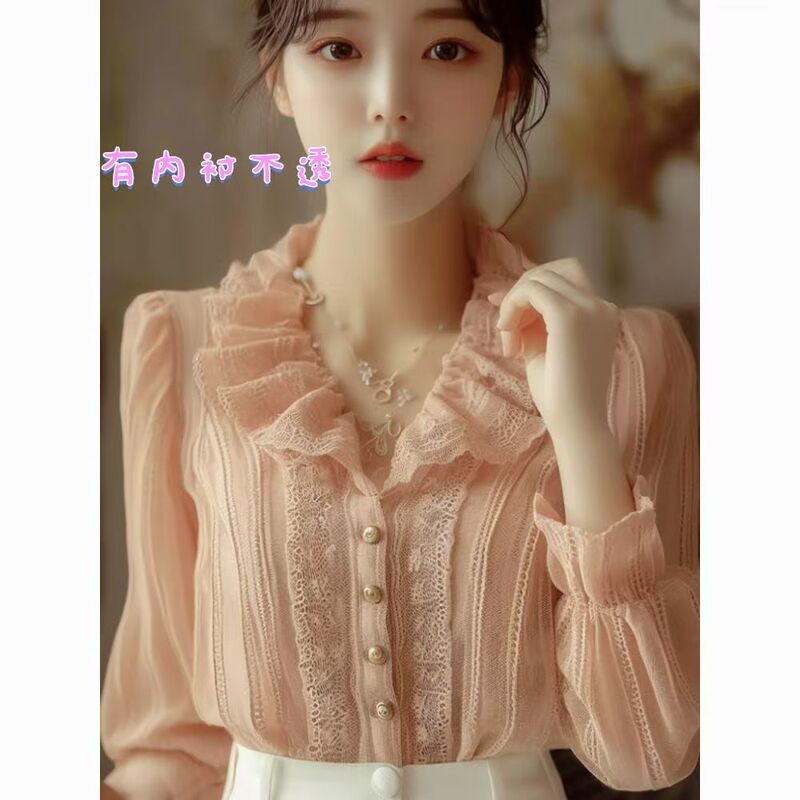 Orange Pink Lace Collar Lace Shirt for Women 2025 Spring Summer Autumn Light Luxury Age-Reducing Stylish Blouse Chanel-Style Shirt