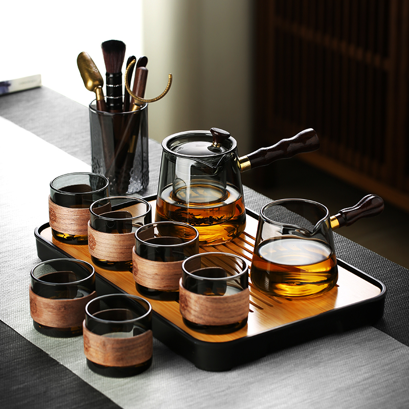 Glass tea set, home tea tray, office, living room, tea drinking, reception, Kung Fu tea cup, high-end heat-resistant teapot