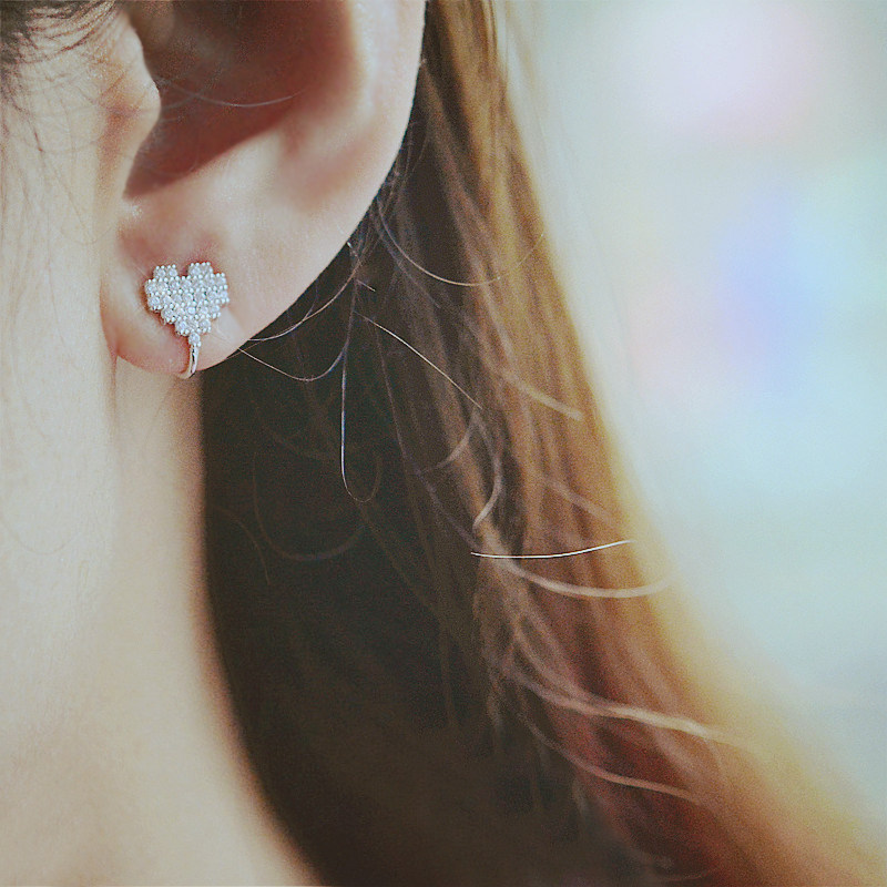 925 silver love mosaic heart-shaped ear needle no ear pierced ear clip Female high sense niche French elegance cold wind