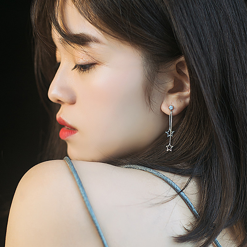 Sterling silver star long version earrings women without ear pierced ear clip French high sense Sen department fairy summer improved mosquito coil plate