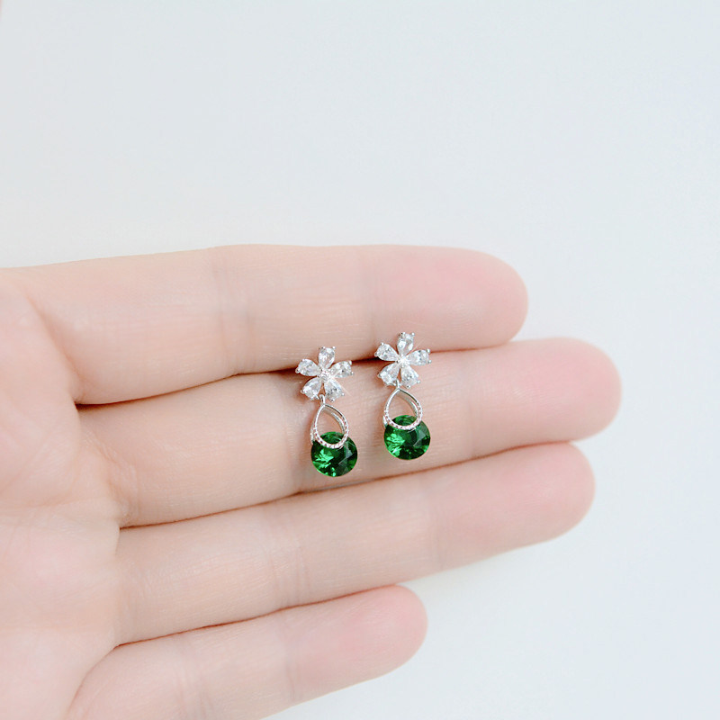 925 silver vintage green flowers painless niche ear clip French women without ear pierced earrings Hong Kong taste elegant high sense