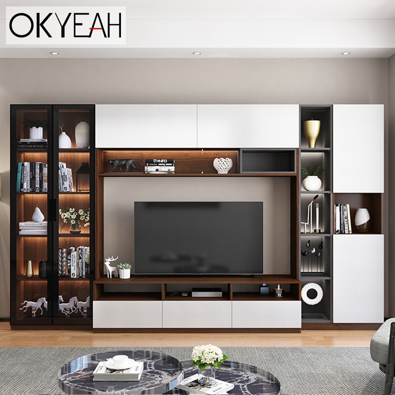 Tea table TV cabinet Composition modern minimalist small family type TV enclosure High-style bookcase upright cabinet integrated background wall