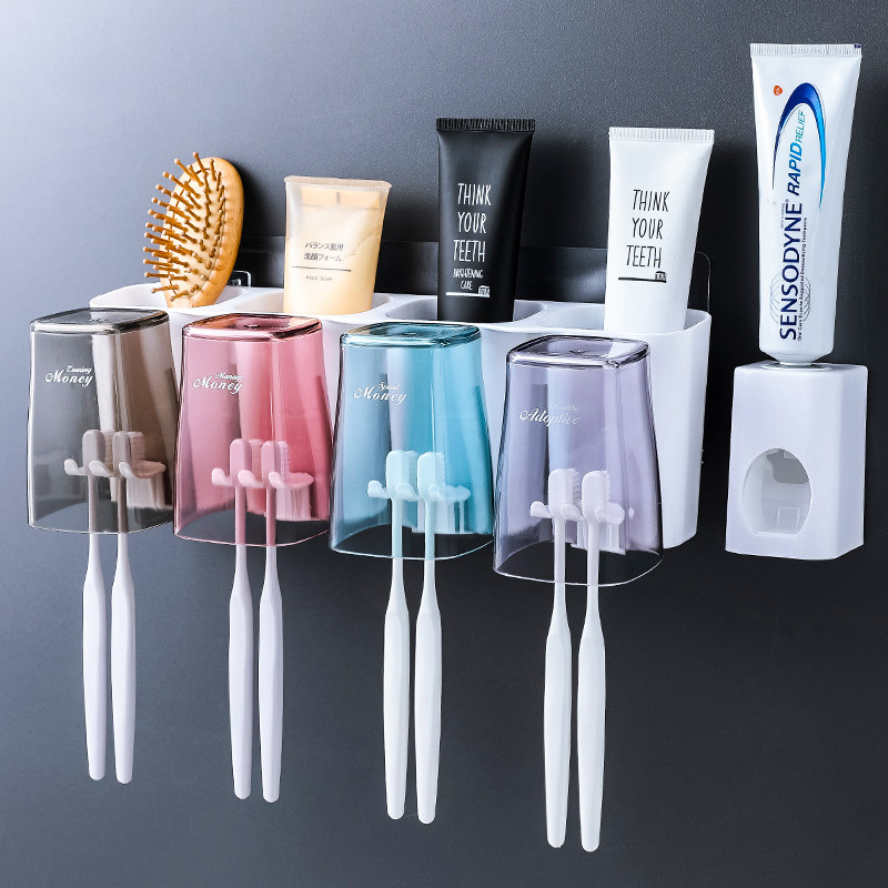 Toothbrush holder Hole-free wall-mounted suction wall-type powder room multi-function toothbrush cup storage box mouthwash tooth storage rack