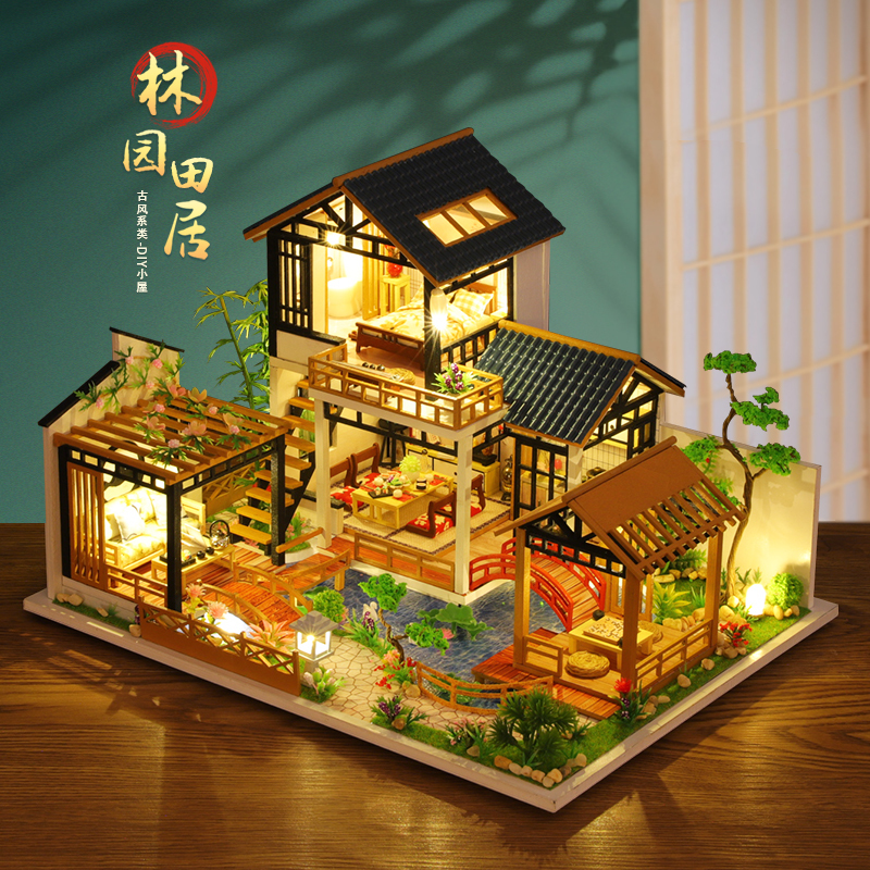 DIY Small House Chinese-Style Ancient Villa Miniature House Handmade Assembly Model Mini Scene 3D Puzzle Gift for Women