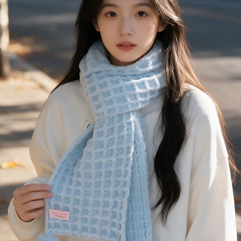 Creamy Mousse Cloud-Like 5-Strand Scarf, Hand-Knitted DIY Waffle Pattern, Mint Color, Everyday Gift, Soft Creamy Mousse Cloud-Like 5-Strand Scarf, Hand-Knitted DIY Waffle Pattern, Mint Color, Everyday Gift, Soft