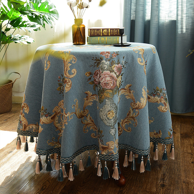 Small round table tablecloths fabric European-style round home living room round tea table cloth cover towels blue table cloth cushions