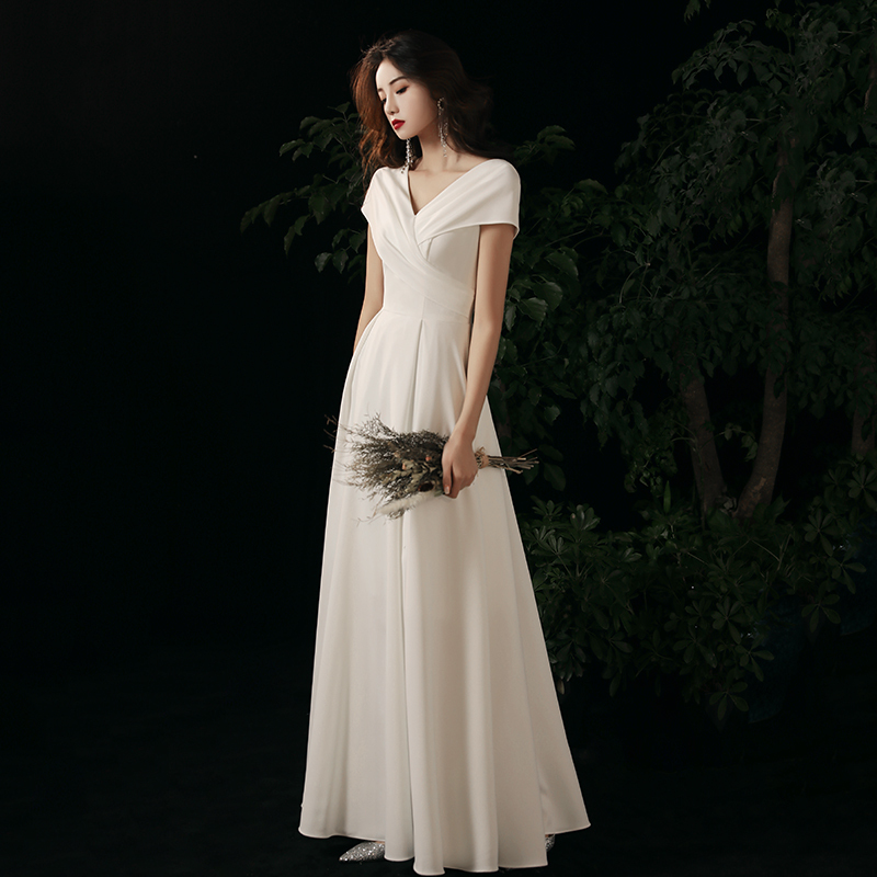 White Engagement Registration Evening Dress, French-Style Host Satin Long Dress, Toast Dress for Bride