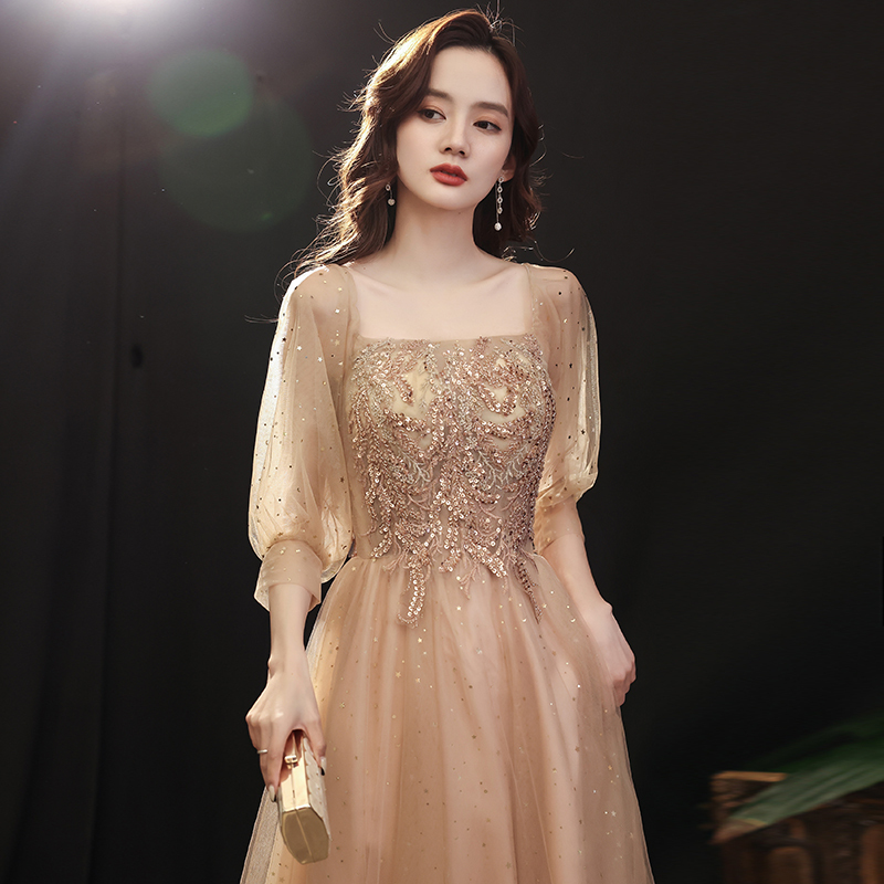 Engagement Evening Dress, Women's Coming-Of-Age Ceremony Banquet Host, High-End French-Style Toast Dress, Bride's Long Autumn Dress