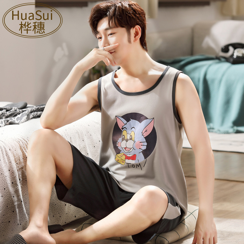 Mens đồ ngủ cotton mùa hè vest model mỏng trẻ sinh viên không tay cartoon bông quần áo nhà set mùa hè.