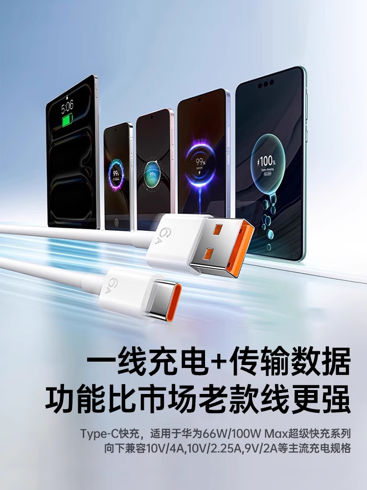 [120W Super Fast Charging]Type-C Data Cable 6A/5A Platinum Certified Compatible with Huawei P30/P40, Xiaomi 9, Android Mate 60/40 Pro Charger Cable Nova 7/9 Original 8 Honor Phone 26