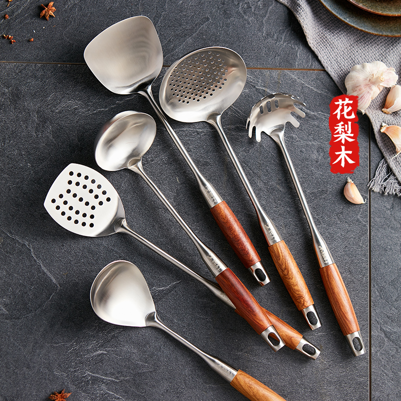 Pan shovel Home 304 stainless steel soup spoons wood handle Handle Stir-fry Shovel Easy Cleaning Kitchen Saute Spoon Kitchenware Cover Set
