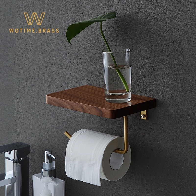 Light luxury solid wood toilet roll paper rack Nordic style brass kitchen toilet wall-mounted wall shelf multi-function