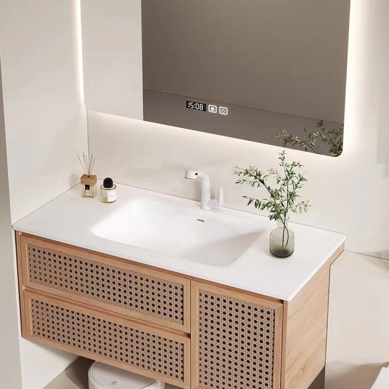 Vintage Style Heat-Bent Seamless Basin Rattan Bathroom Cabinet Set with Washbasin and Sink Combination