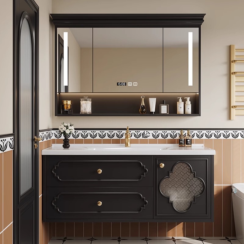 French-Style Retro Corian Integrated Basin Four-Leaf Clover Shell Bathroom Cabinet Combination Rock Slab Hot-Bent Washbasin Vanity